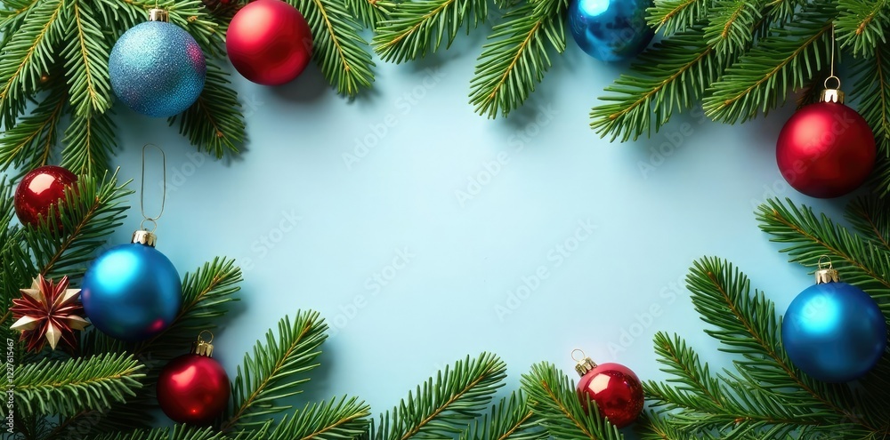 Evergreen fir branches in a Christmas background with red and blue ornaments, holiday decor, greenery, evergreen Evergreen fir branches in a Christmas background with red and blue ornaments, holiday decor, greenery, evergreen