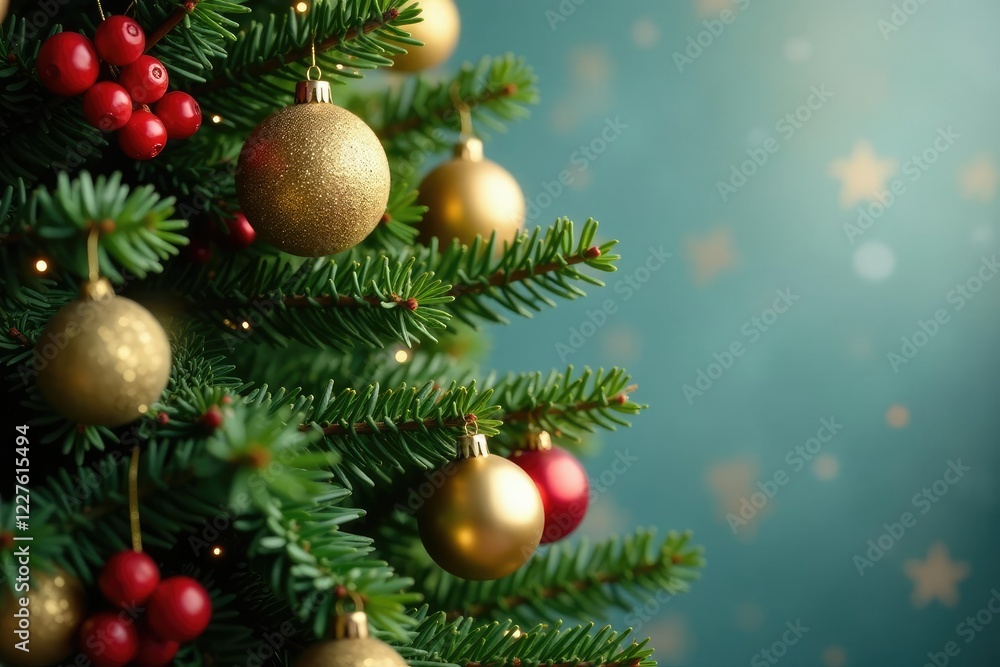 Evergreen tree with red berries and golden ornaments, Christmas trees, festive Evergreen tree with red berries and golden ornaments, Christmas trees, festive