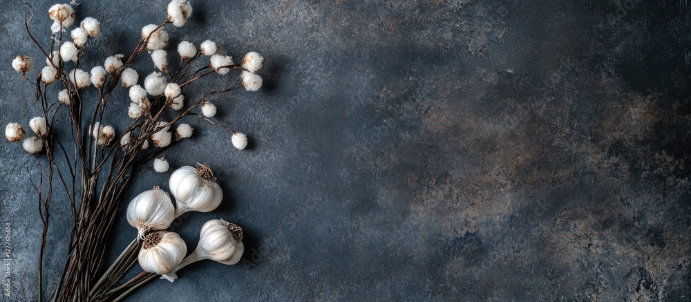 Obraz premium Garlic Cloves on Dark Concrete Surface with Mirror Effect and Space for Text in Culinary or Food Related Designs