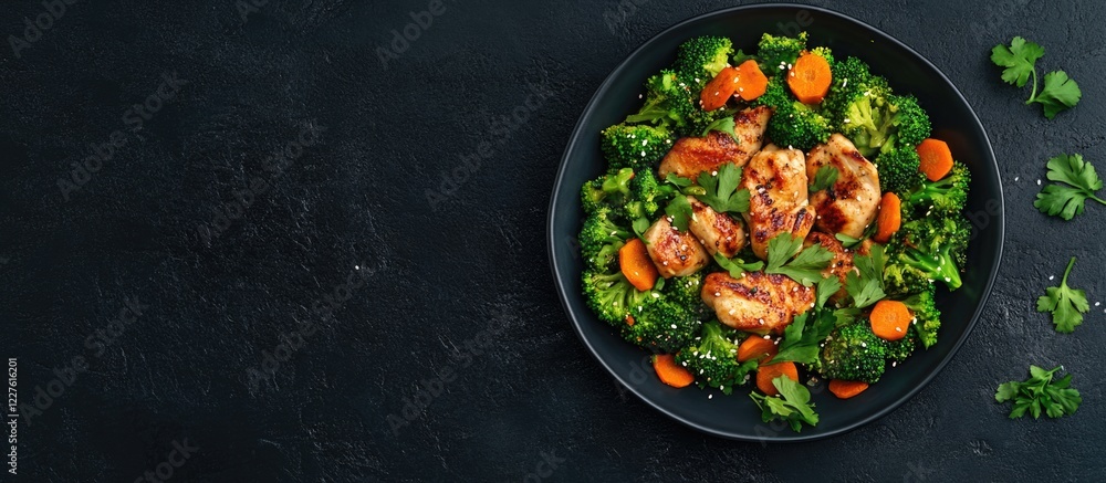 Grilled Chicken Served with Broccoli and Carrots on Dark Surface with Copy Space for Text Grilled Chicken Served with Broccoli and Carrots on Dark Surface with Copy Space for Text