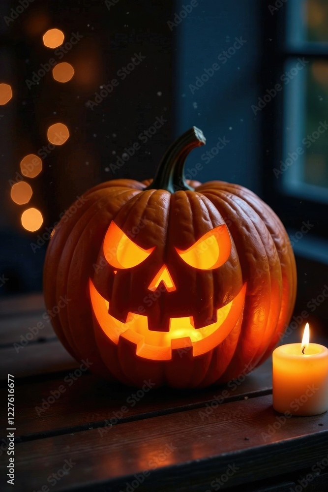 Carved pumpkin lit from within with eerie glow, seasonal decor, candlelight Carved pumpkin lit from within with eerie glow, seasonal decor, candlelight