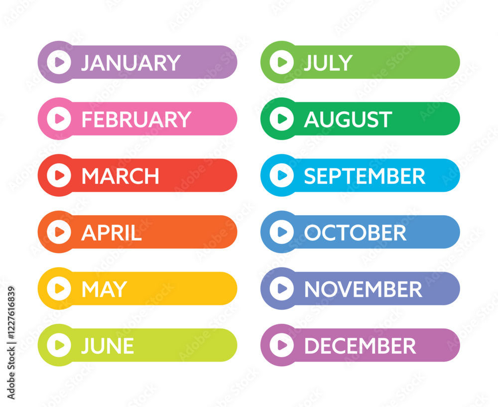 Twelve month names in colored buttons. twelve month names. 12 month names with arrow signs Twelve month names in colored buttons. twelve month names. 12 month names with arrow signs