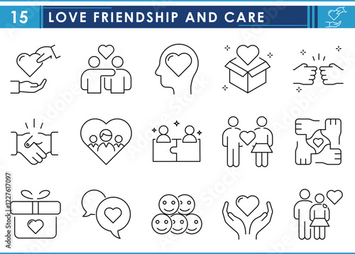 A set of line icons related to Love, friendship, and care. Community, family, lovers, couple, friends, handshake, happy, caregiver, and so on. Vector editable stroke.