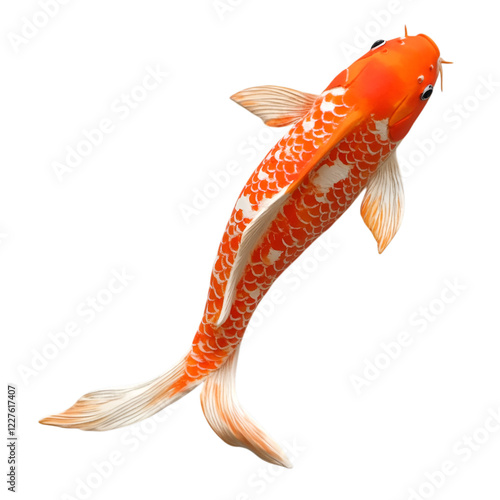 A bright orange koi fish swimming gracefully on white background