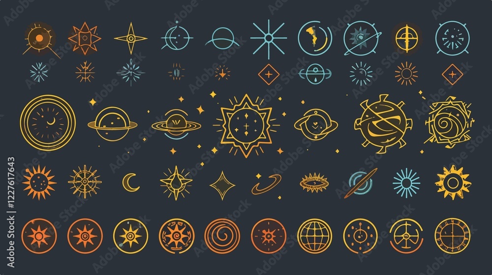 Naklejka premium Flat Vector Illustration of Fantastic Planets Icon Set