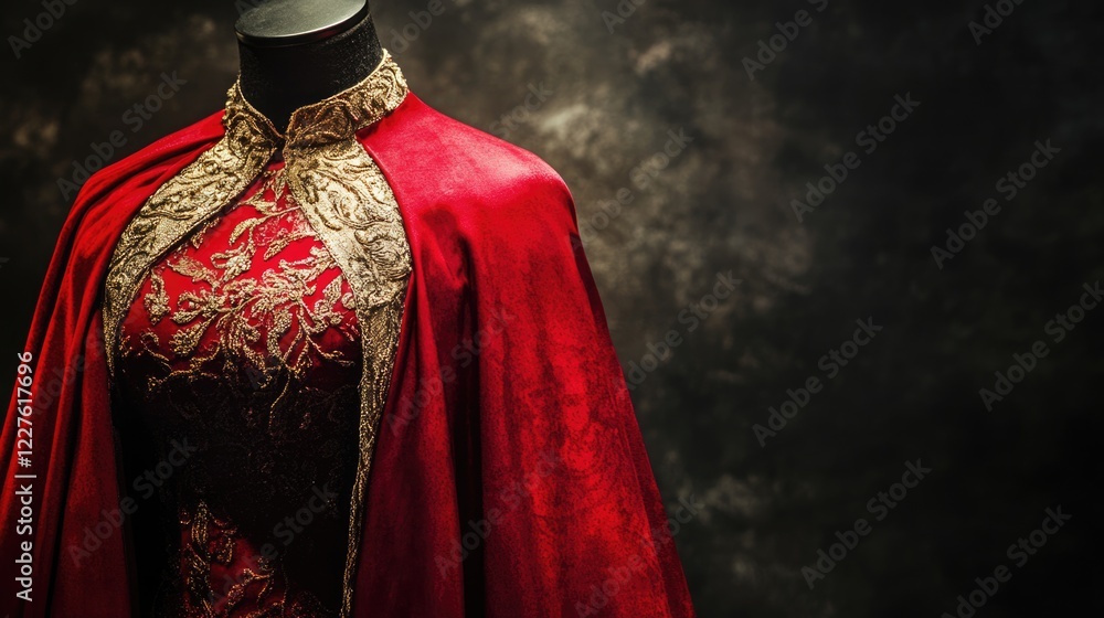 Obraz premium Elegant mannequin torso with vibrant red cape showcasing intricate fabric design under soft lighting for fashion and textile imagery.