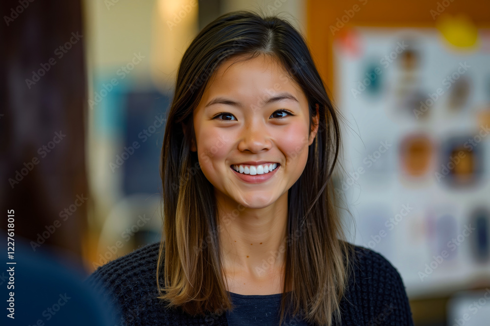 A smiling woman in a black sweater smiles at the camera A smiling woman in a black sweater smiles at the camera