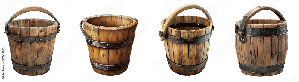 Four Rustic Wooden Buckets With Metal Bands Four Rustic Wooden Buckets With Metal Bands