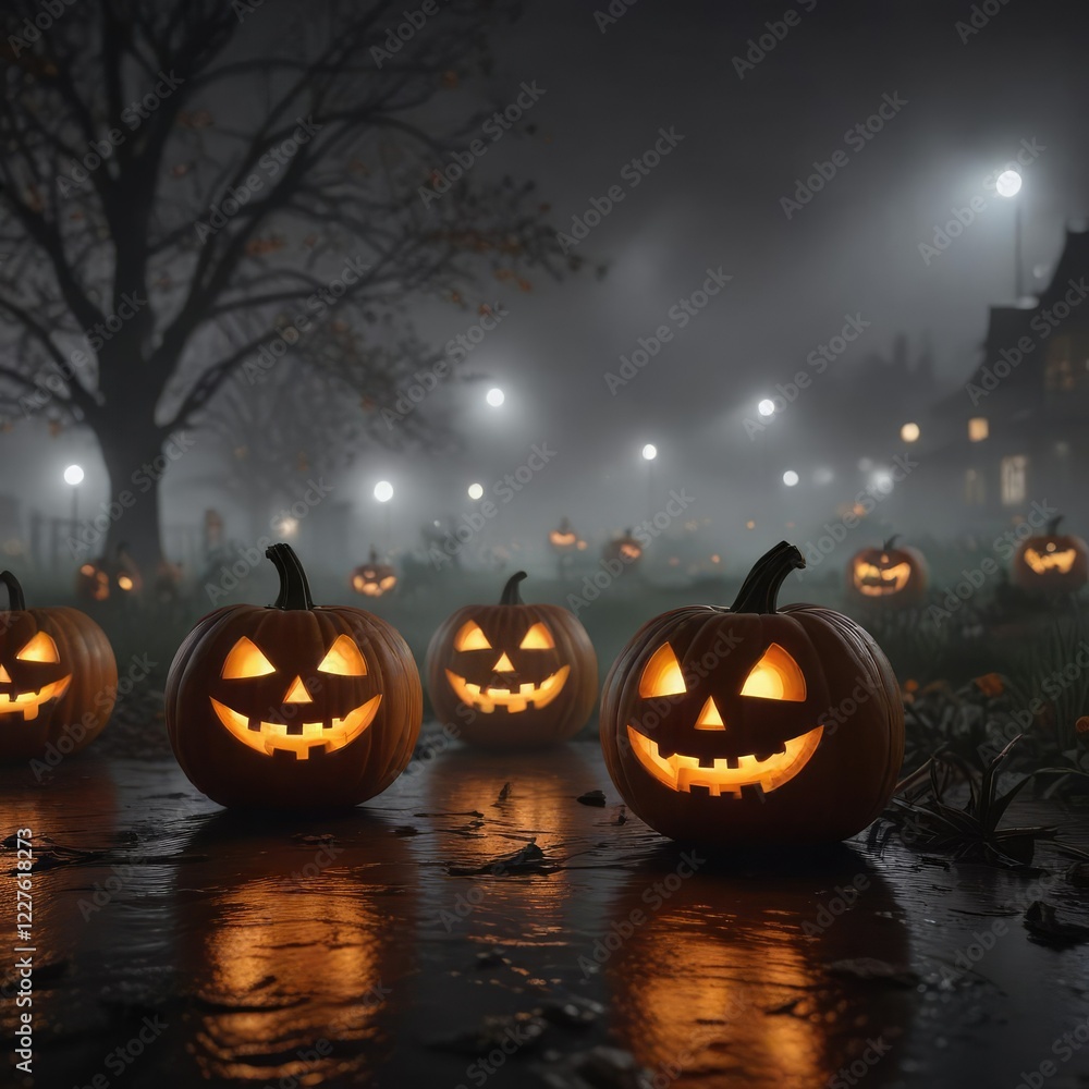 Group of jack o lanterns at night with fog rolling in, foggy, group, night time Group of jack o lanterns at night with fog rolling in, foggy, group, night time