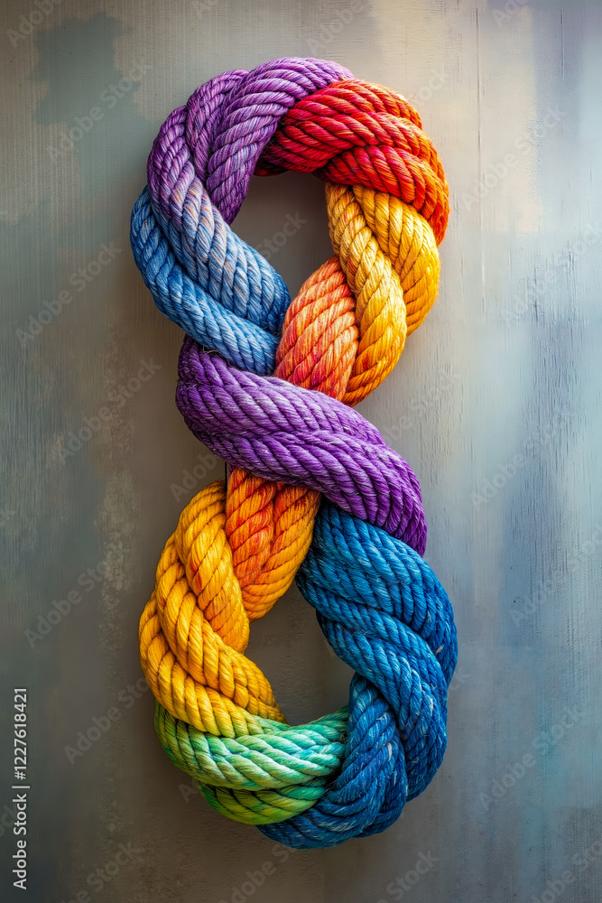 A colorful rope hanging on a metal wall A colorful rope hanging on a metal wall