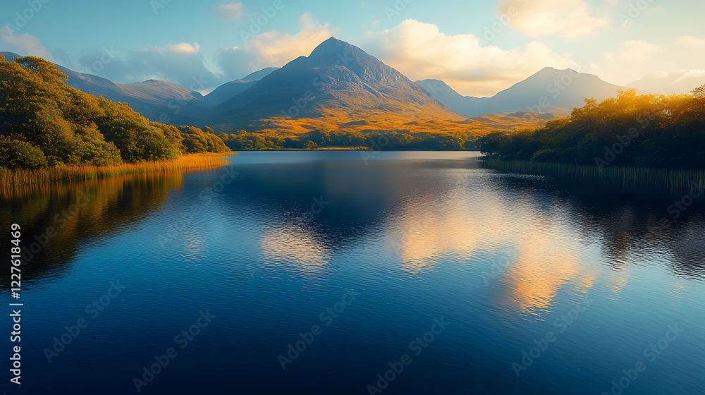 A peaceful photography of a shimmering lake in Connemara, with reflections of nearby mountains and soft golden light illuminating the tranquil water. A peaceful photography of a shimmering lake in Connemara, with reflections of nearby mountains and soft golden light illuminating the tranquil water.