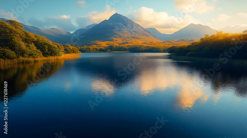 A peaceful photography of a shimmering lake in Connemara, with reflections of nearby mountains and soft golden light illuminating the tranquil water.