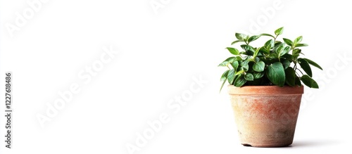 Grewia Canthioides Potted Plant Isolated on White Background with Copy Space for Text Displaying Fresh Green Foliage and Clay Pot Design photo