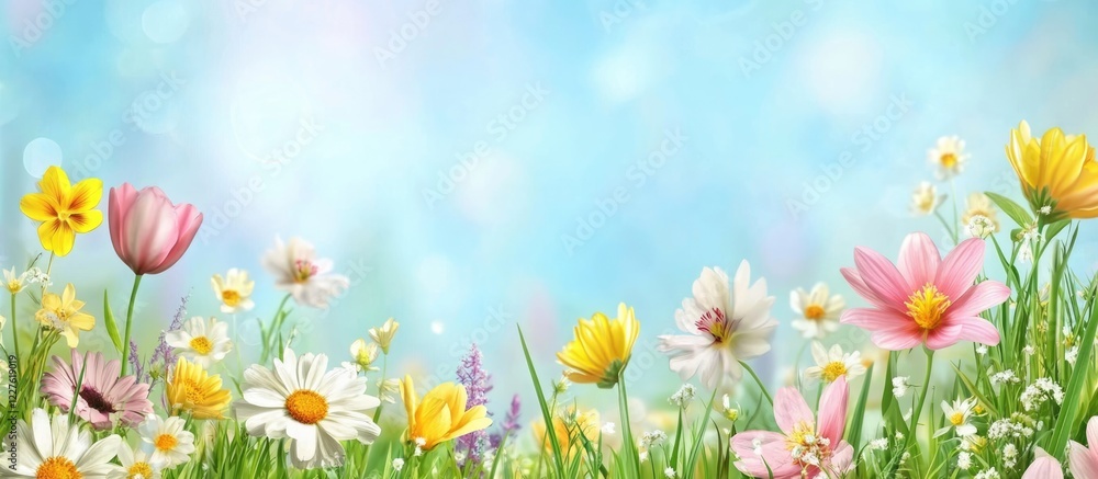 Vibrant spring and summer flower banner background with tranquil sky and ample space for personalized greeting text Vibrant spring and summer flower banner background with tranquil sky and ample space for personalized greeting text