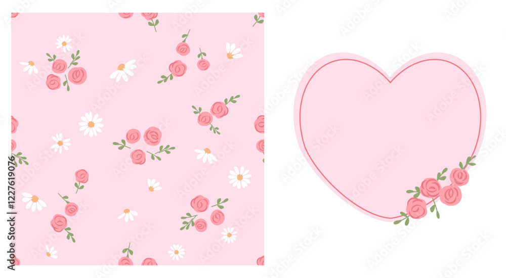 Seamless pattern with rose, green leaves and daisy flower on pink background. Heart sign with pink rose card vector. Seamless pattern with rose, green leaves and daisy flower on pink background. Heart sign with pink rose card vector.