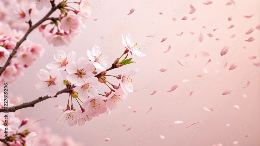 Fototapeta premium Pink sakura petals falling from a blooming cherry blossom tree on a soft pastel pink background, spring, nature, gentle fall, sakura, flowers