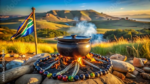 Aerial View: Potjie Pot & Zulu Beads, South African Flag - Drone Photography photo