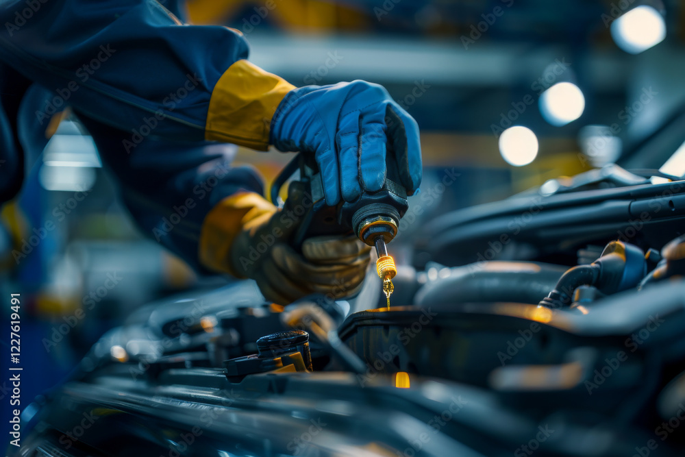 A mechanic in protective gloves pouring fresh motor oil into a car engine during routine maintenance in an auto repair shop. A mechanic in protective gloves pouring fresh motor oil into a car engine during routine maintenance in an auto repair shop.