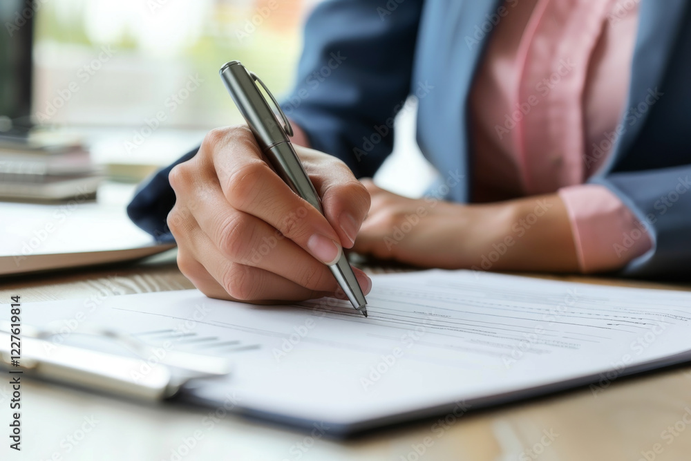 Close-up of a professional's hand signing an important document with a silver pen on a sunny day, signifying agreement and commitment. Close-up of a professional's hand signing an important document with a silver pen on a sunny day, signifying agreement and commitment.