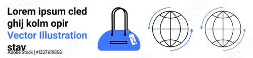 Handbag with a price tag next to two rotating globe icons. Text includes Lorem ipsum placeholder. Ideal for e-commerce, global business, online shopping, retail, fashion, advertising, branding