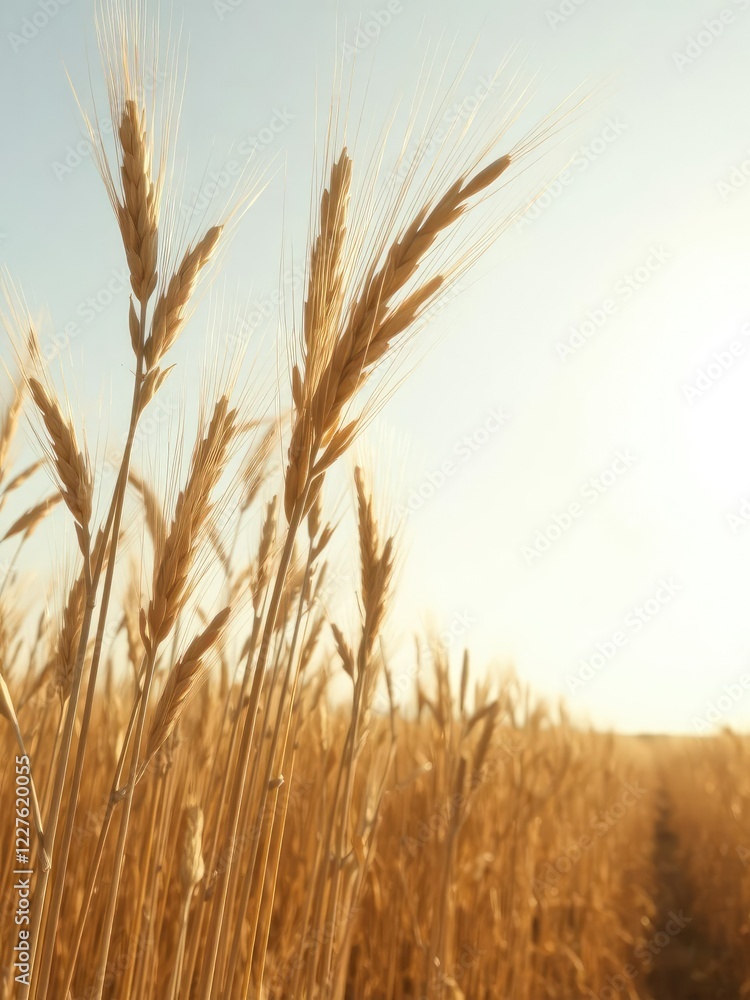 Golden wheat field with tall stalks swaying in the breeze under a bright sunny sky, sunny skies, beautiful