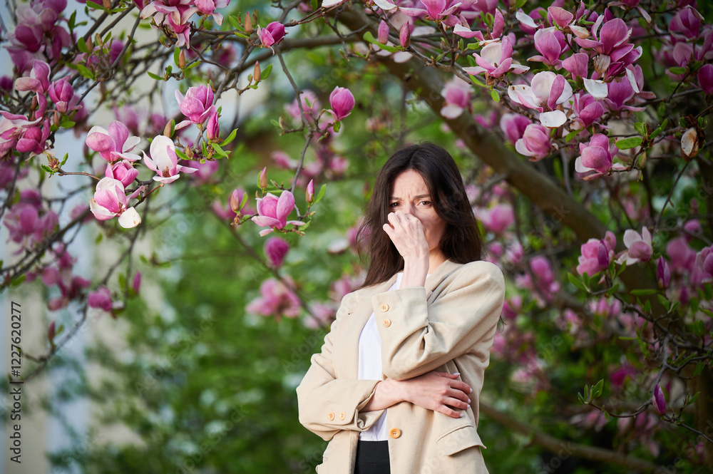 Woman allergic suffering from seasonal allergy at spring in blossoming garden at springtime. Young woman sneezing, closing nose by hand in front of blooming tree. Spring allergy concept Woman allergic suffering from seasonal allergy at spring in blossoming garden at springtime. Young woman sneezing, closing nose by hand in front of blooming tree. Spring allergy concept