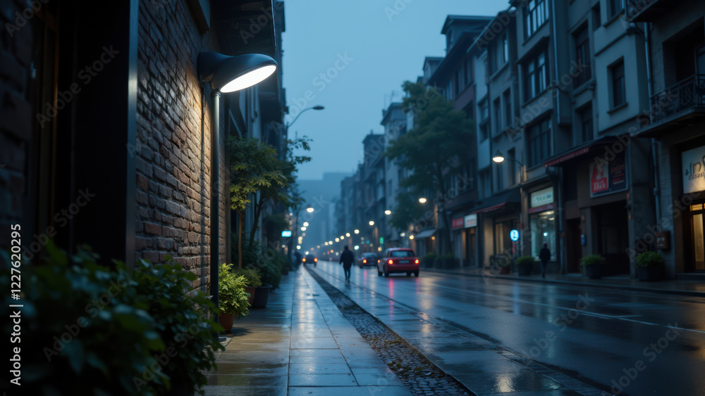Fototapeta premium Rainy night city street with urban lighting.