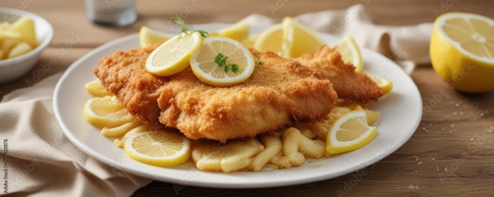 Golden brown crispy batter covered fish on a plate with a side of fluffy white chips and a squeeze of fresh lemon juice, yellow, plate, fish Golden brown crispy batter covered fish on a plate with a side of fluffy white chips and a squeeze of fresh lemon juice, yellow, plate, fish