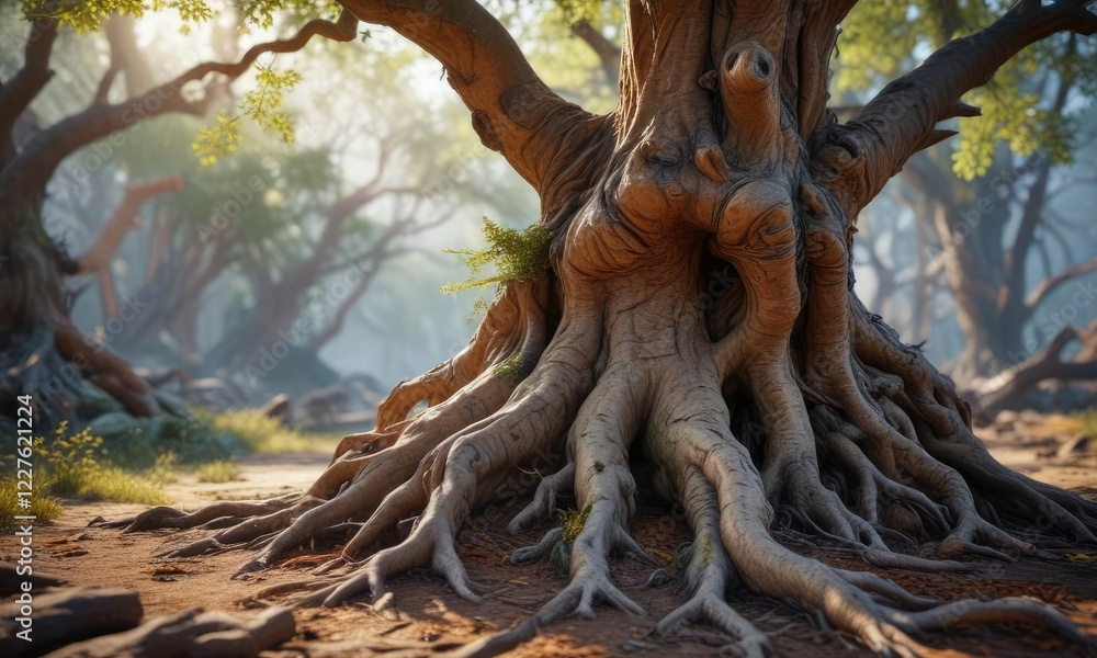 Gnarled tree trunk with gnarled roots and branches, tree bark, landscape , forest Gnarled tree trunk with gnarled roots and branches, tree bark, landscape , forest