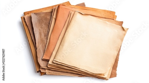 Stack of empty aged notebook pages in various earthy tones on a white background for creative design and stationery concepts photo