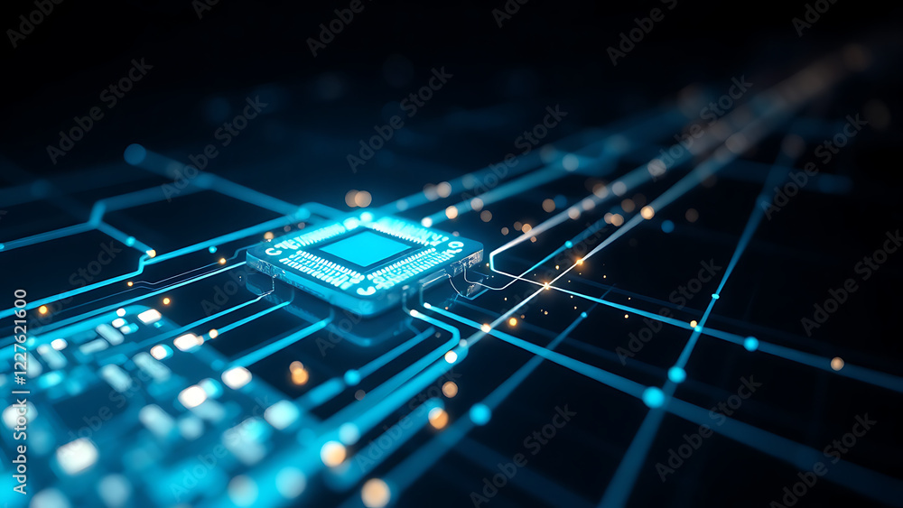 Obraz premium A Futuristic Microchip with High-Speed Data Transfer – Glowing Circuitry & Technology Illustration