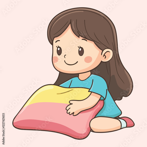 A cute girl holdind a pillow Cartoon Vector Illustration