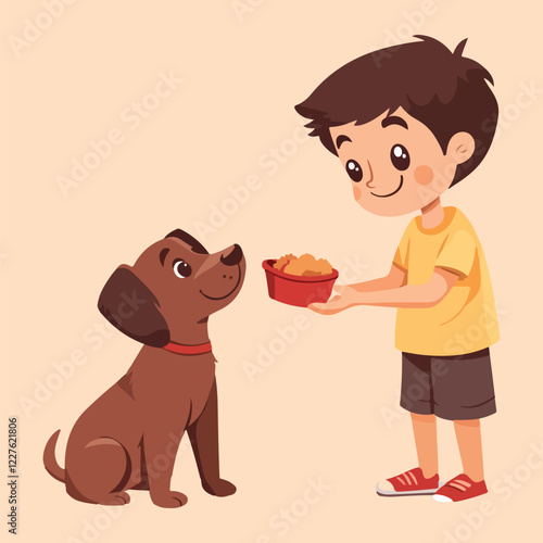 A little boy is giving food for his big brown dog vector illustration 