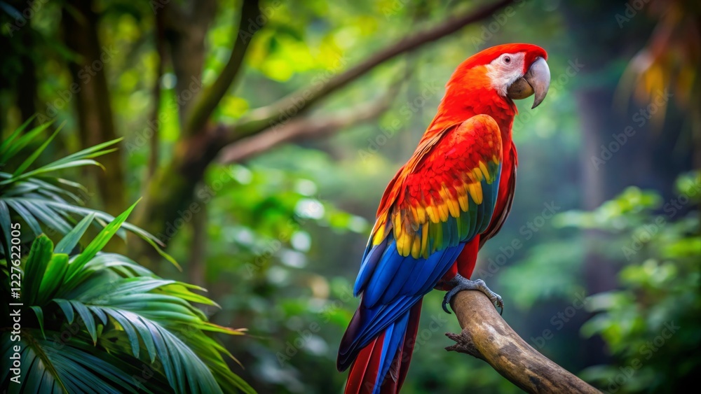 Vibrant Scarlet Macaw Perched on Branch in Lush Green Jungle Vibrant Scarlet Macaw Perched on Branch in Lush Green Jungle