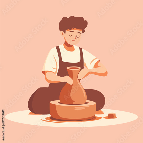 Potter working on a pottery wheel Cartoon Vector Illustration