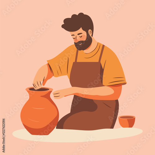 Potter working on a pottery wheel Cartoon Vector Illustration