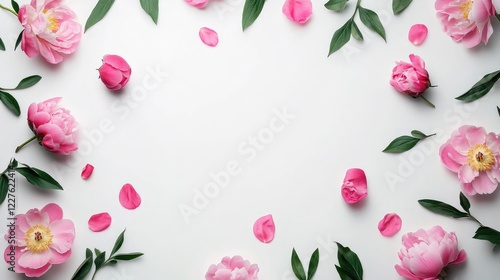 Organic Floral Frame with Pink Peonies and Green Leaves on White Background for Valentine's Day Birthday Wedding Greeting Card Design