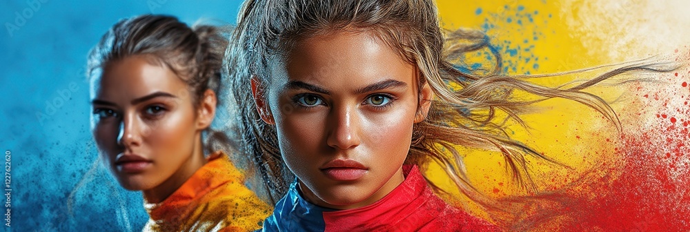 Obraz premium Graphic design layouts for promotional flyers showcasing young athletes in vibrant colors