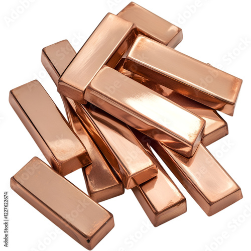 A pile of polished copper ingots neatly arranged on white background