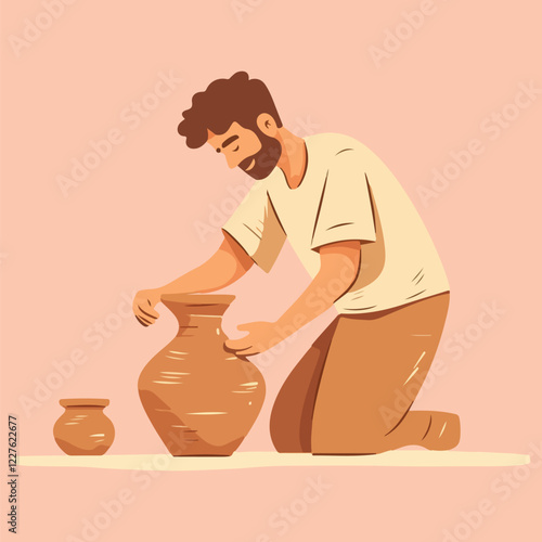 Potter working on a pottery wheel Cartoon Vector Illustration