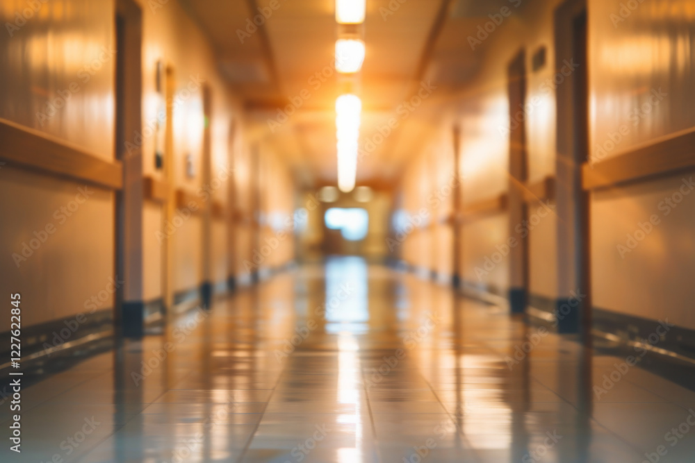 Blurred image of a hospital corridor with bright fluorescent lights. Blurred image of a hospital corridor with bright fluorescent lights.