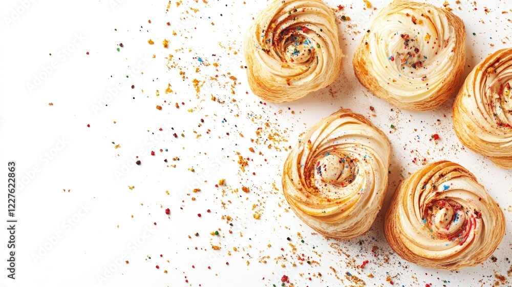 Fototapeta premium Freshly Baked Swirl Pastries with Colorful Sprinkles on a White Background