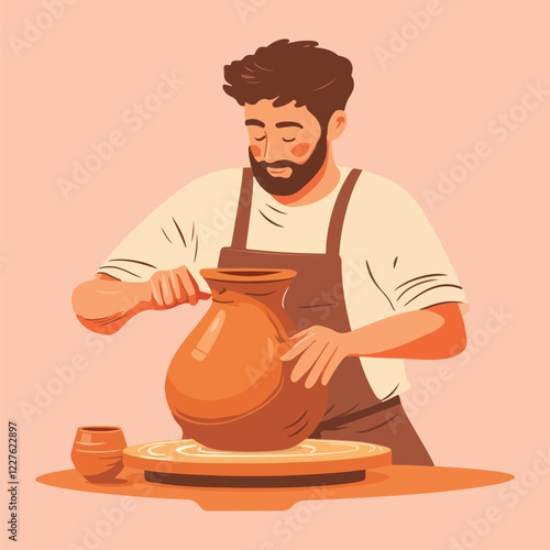 Potter working on a pottery wheel Cartoon Vector Illustration