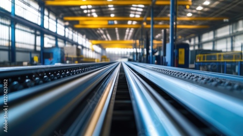 Fototapeta Naklejka Na Ścianę i Meble -  Industrial Warehouse Interior with Roll Forming Machinery for Continuous Roofing Profile Production
