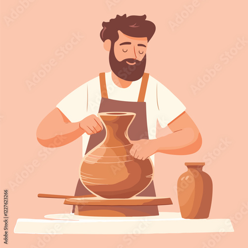 Potter working on a pottery wheel Cartoon Vector Illustration