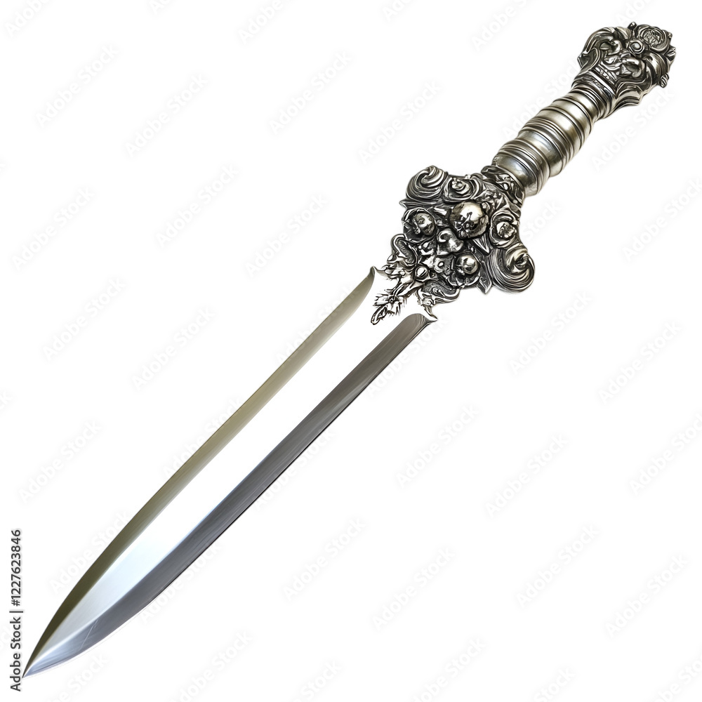 A shiny silver dagger with an ornate handle on white background A shiny silver dagger with an ornate handle on white background
