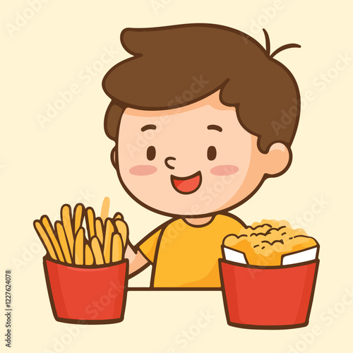 A little boy eating junk food Cartoon Vector Illustration