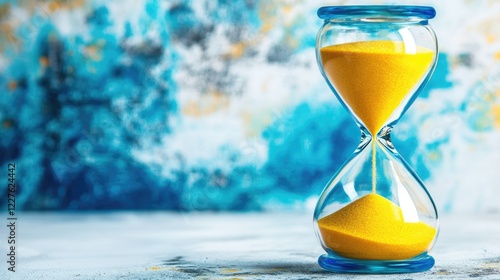 Colorful hourglass timer with yellow sand on a textured blue background symbolizing the passage of time and efficiency in life and work. photo