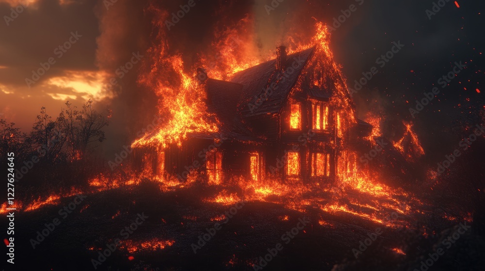 House on fire surrounded by intense flames and smoke during a devastating wildfire at dusk, illustrating destruction and emergency response. House on fire surrounded by intense flames and smoke during a devastating wildfire at dusk, illustrating destruction and emergency response.