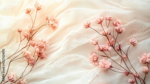 Pink organic cotton flowers on soft cotton gauze fabric illuminated by morning sunlight creating a serene and elegant atmosphere